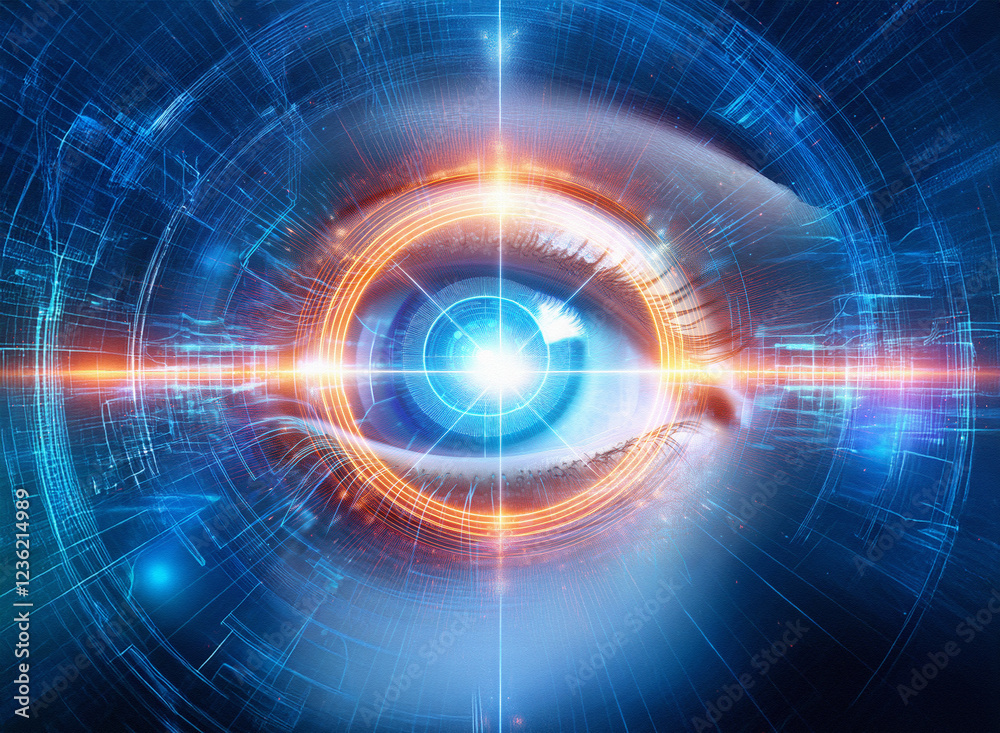 Abstract sci-fi double exposure image of a human eye overlaid with a technological, circular background. Bright glowing elements create a futuristic feel. Abstract sci-fi double exposure image of a human eye overlaid with a technological, circular background. Bright glowing elements create a futuristic feel.