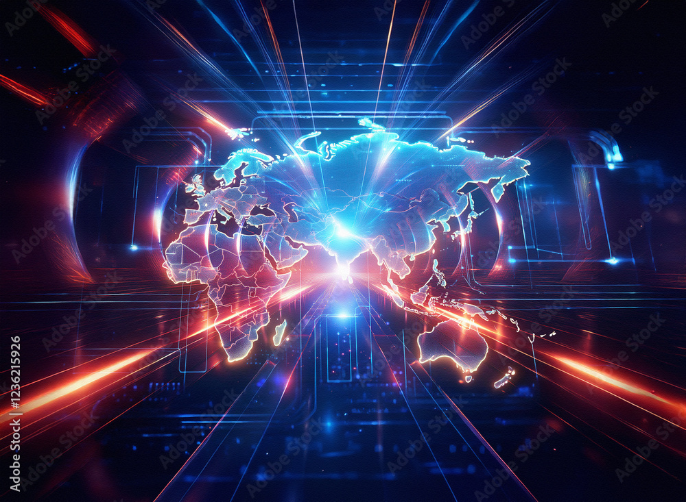 Abstract sci-fi double exposure image. Glowing world map in futuristic digital background with red and blue light streaks. A sense of speed and global connection is conveyed. Abstract sci-fi double exposure image. Glowing world map in futuristic digital background with red and blue light streaks. A sense of speed and global connection is conveyed.