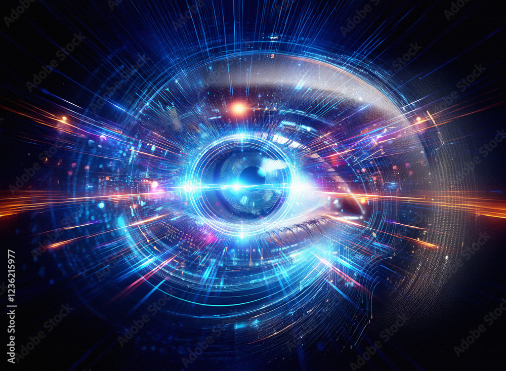 Fototapeta premium Abstract sci-fi double exposure image of a glowing eye, surrounded by vibrant, swirling energy. Futuristic background with digital elements.