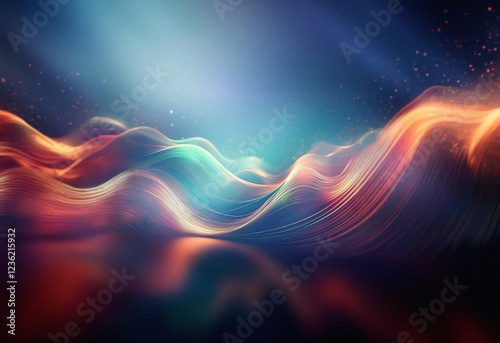 Abstract sci-fi landscape with vibrant, glowing waves. Double exposure effect creates a dreamy, otherworldly background.