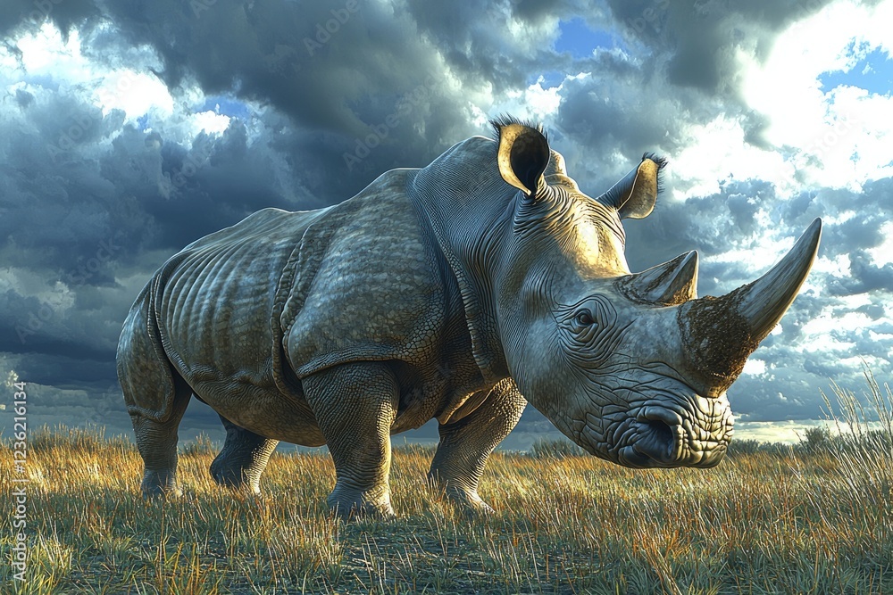Fototapeta premium Majestic White Rhino in Serengeti Grassland Under Dramatic Skies