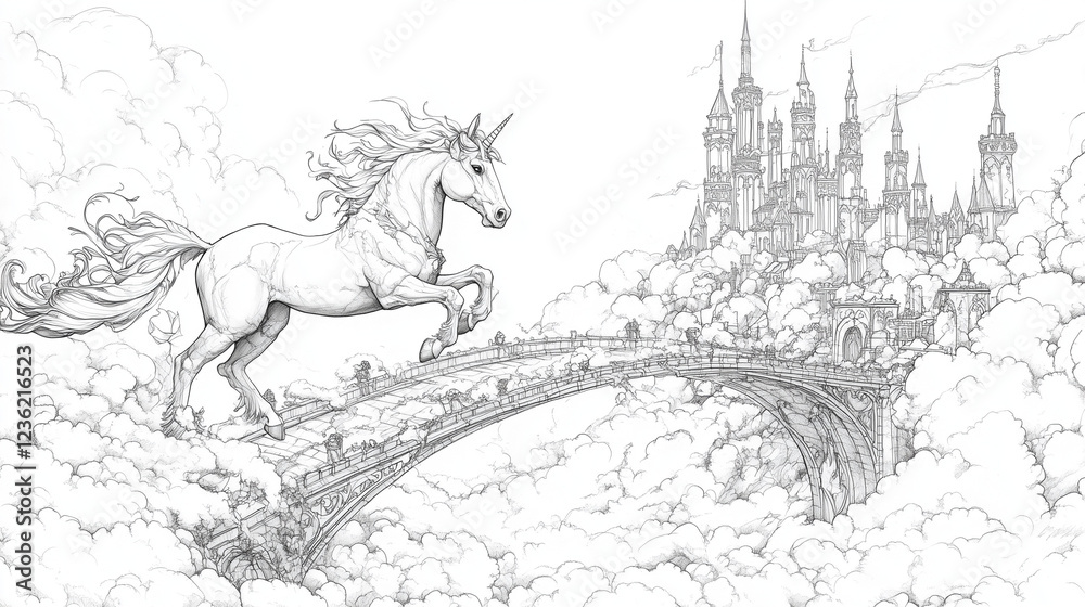 Naklejka premium Majestic unicorn leaping through clouds with a castle in the background for fantasy coloring pages