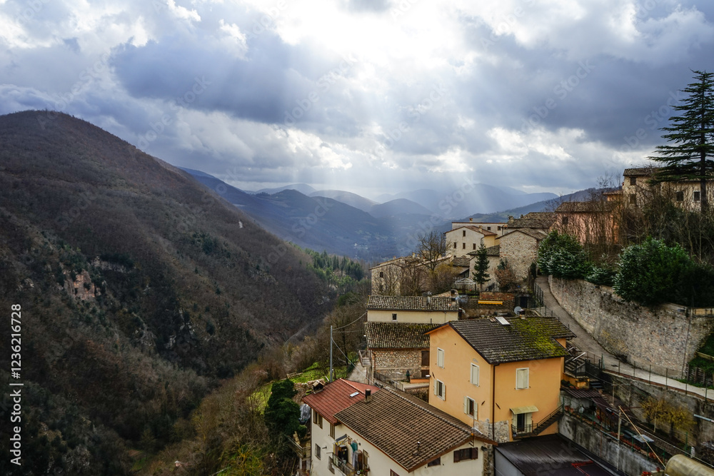 Fototapeta premium Sellano village in a winter day, Valnerina, Umbria, Italy