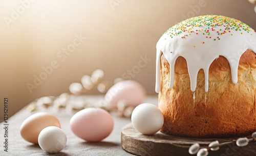 Easter cake with willow branches and painted eggs