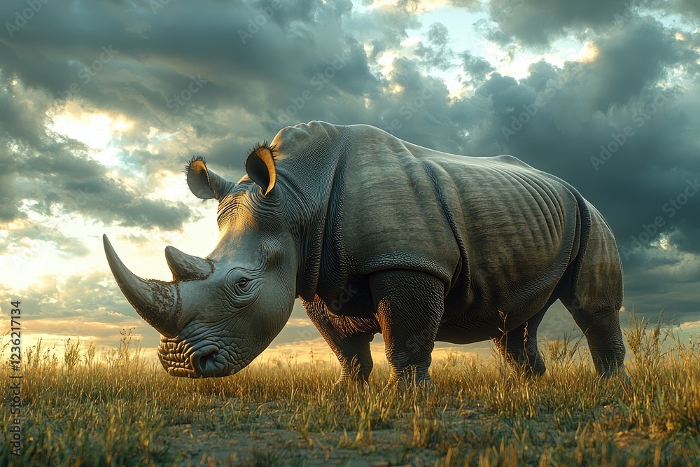 Fototapeta premium Majestic White Rhino Grazing in African Savanna Sunset