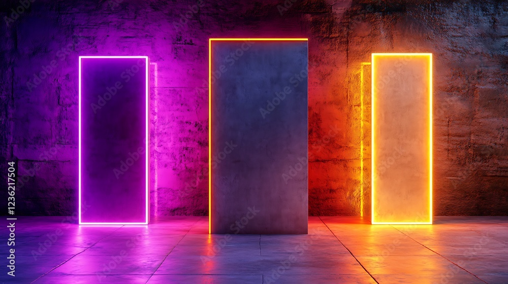 Neon illuminated concrete panels against a textured wall Neon illuminated concrete panels against a textured wall