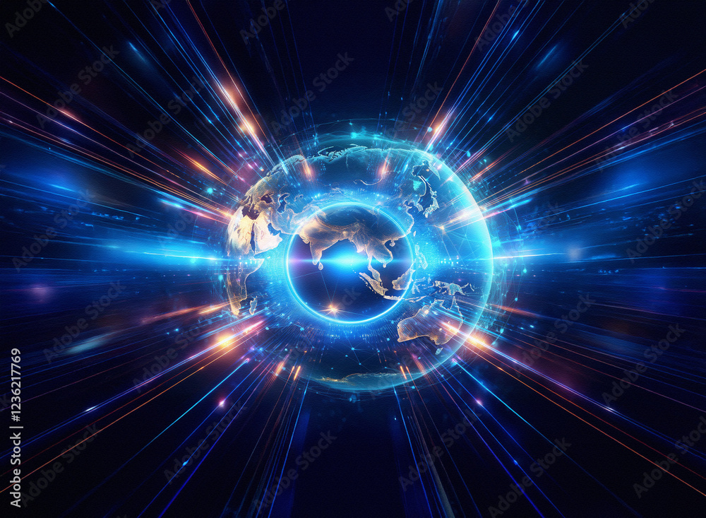 Obraz premium Abstract sci-fi double exposure image. A glowing sphere, possibly a planet, is at the center, surrounded by radiating light streaks against a dark background. The effect is dynamic and futuristic.