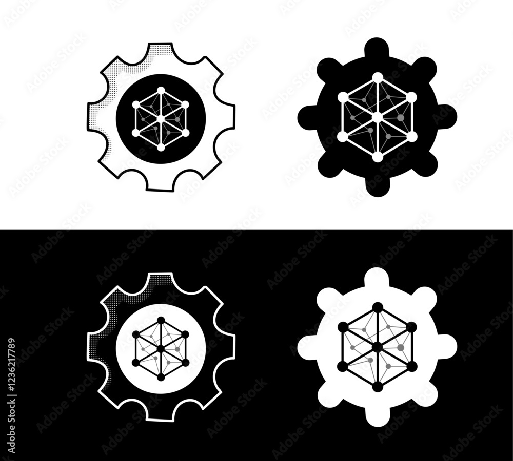 Artificial Intelligence and Machine Learning Gear Icon, Data Network Symbol Artificial Intelligence and Machine Learning Gear Icon, Data Network Symbol