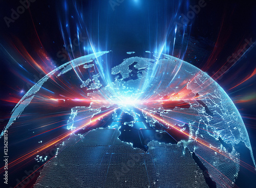 Abstract sci-fi double exposure image of a glowing Earth, with energy beams radiating from Europe against a dark background.  Intricate details show light trails and global connectivity.