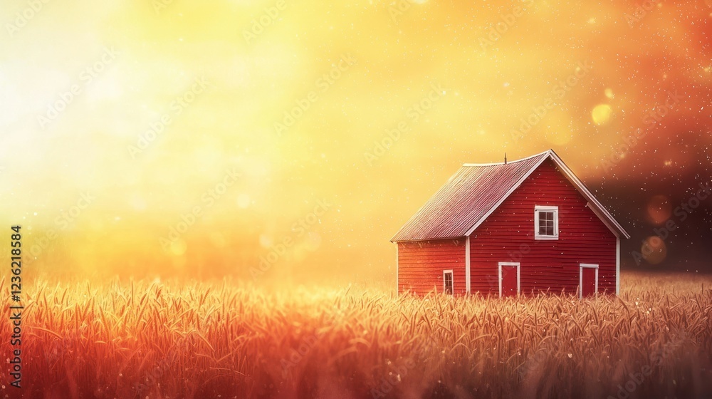 A vibrant red barn with a white trim, standing tall amidst a field of tall grass during sunset. A vibrant red barn with a white trim, standing tall amidst a field of tall grass during sunset.