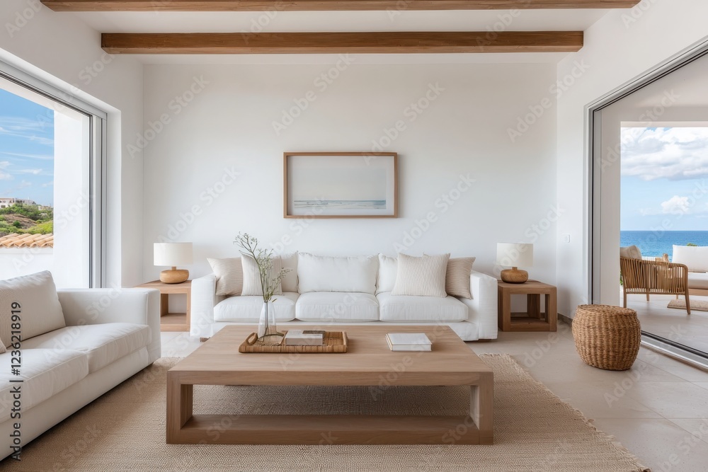 Fototapeta premium Elegant and modern beachside villa featuring an open plan design with stunning ocean views and a serene Mediterranean inspired ambiance