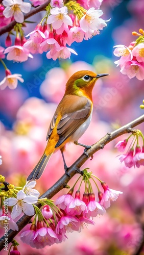 A small, vibrant bird, its feathers a striking blend of red and gold, perches delicately on a slender branch of a towering oak tree, surrounded by a landscape of autumnal hues. The leaves, painted in 