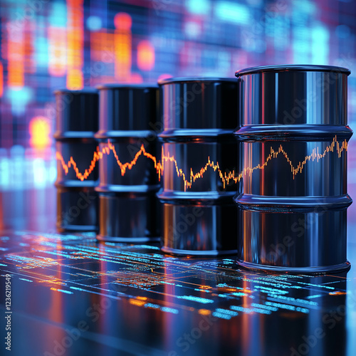 Black oil barrels with a rising financial graph, set against a digital financial background, representing market trends, oil prices, and economic growth in the energy sector. photo