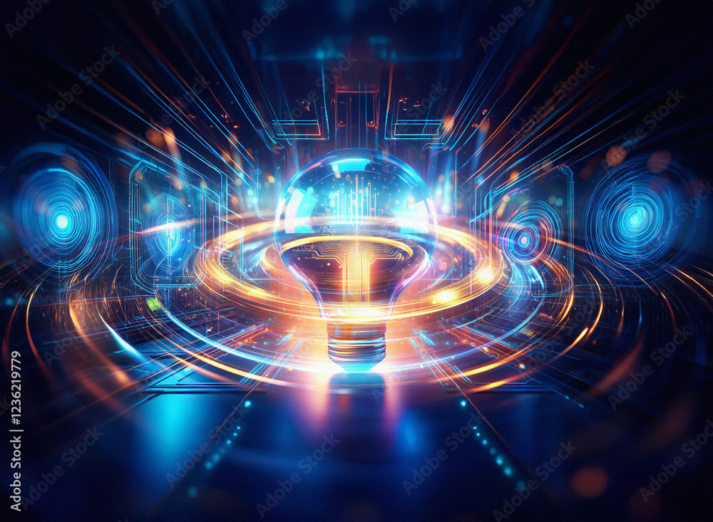 Obraz premium Abstract sci-fi double exposure image. Glowing lightbulb at center, surrounded by futuristic, energy-filled circular structures and vibrant background.