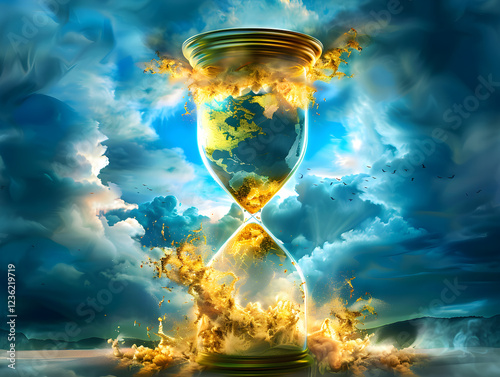 The Earth Hourglass Concept A Symbol of Time and Our Planets Survival and Future. Climate change concept. Earth day, April 22