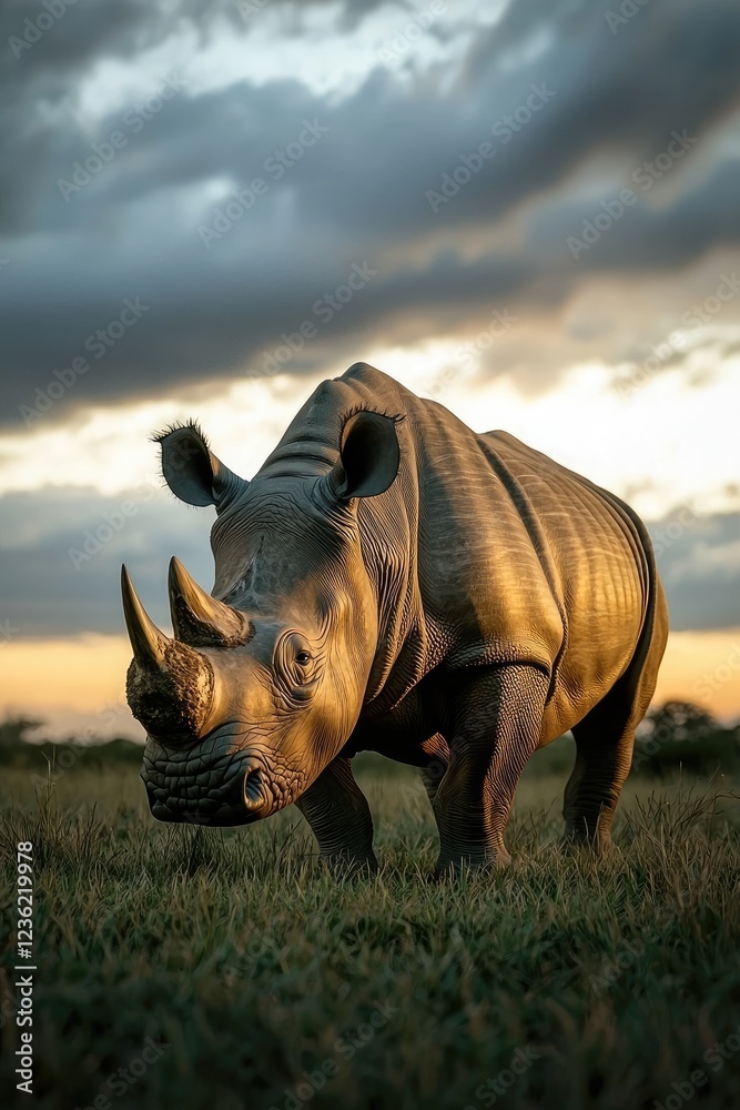 Obraz premium Majestic Rhino Stands in Sunset Grassland