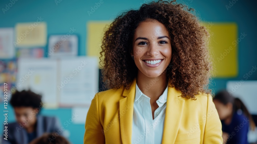 Smiling woman in a bright yellow blazer stands confidently in a classroom, engaging with students while fostering a positive learning environment. Education and empowerment. Smiling woman in a bright yellow blazer stands confidently in a classroom, engaging with students while fostering a positive learning environment. Education and empowerment.