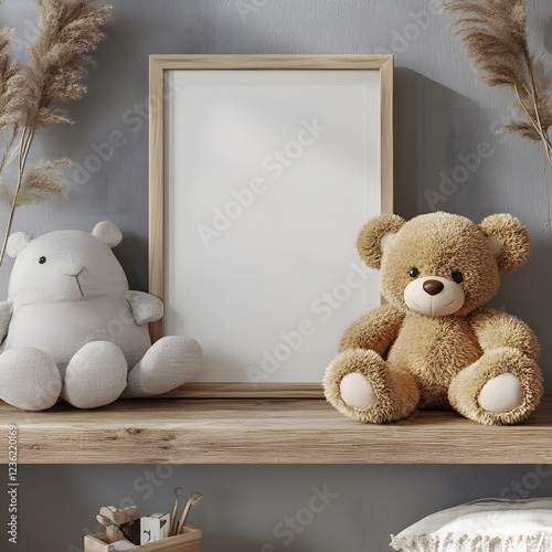 Mock up frame a white border close up sitting on a wooden shelf in a minimalist childrens room Soft textures and natural wooden furniture bring warmth to this tranquil 3D render