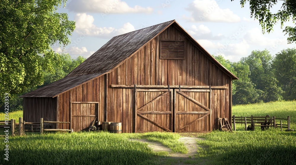 A classic farm barn with large sliding doors and farming tools resting outside, set in a lush green field. A classic farm barn with large sliding doors and farming tools resting outside, set in a lush green field.
