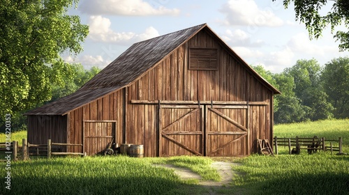 A classic farm barn with large sliding doors and farming tools resting outside, set in a lush green field.