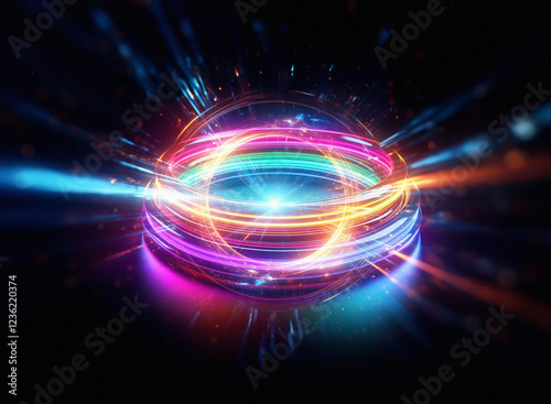 Wallpaper Mural Vibrant, glowing rings of light encircle a central point, creating a dynamic, energy-filled sphere against a dark background.  The multicolored light streaks radiate outward, suggesting motion and pow Torontodigital.ca