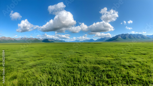 Vast green meadow stretches towards distant mountains under a bright blue sky with fluffy white clouds.