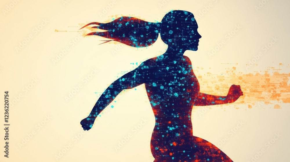 Fototapeta premium depiction of a glowing cosmic silhouette of a sporty active female figure in dynamic motion with vibrant splashes of color and energy against a galactic backdrop