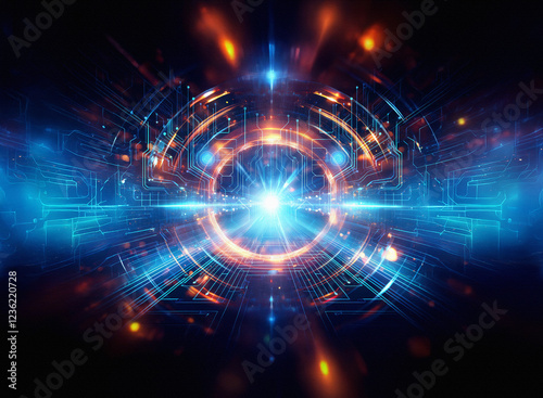 Abstract sci-fi double exposure background. Glowing energy streams converge at a central point, creating a mesmerizing, futuristic scene.  Intricate circuitry and vibrant colors dominate the compositi photo