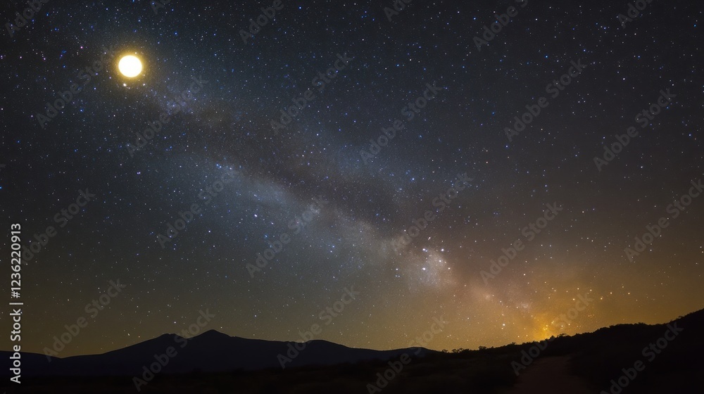 Milky Way, moonlit desert night, starry sky, mountains, landscape, astronomy photography Milky Way, moonlit desert night, starry sky, mountains, landscape, astronomy photography