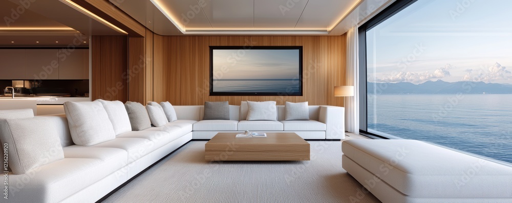Fototapeta premium Elegant and serene lounge area onboard a luxurious cruise ship featuring a contemporary design with comfortable sofas and a panoramic window overlooking the breathtaking ocean scenery