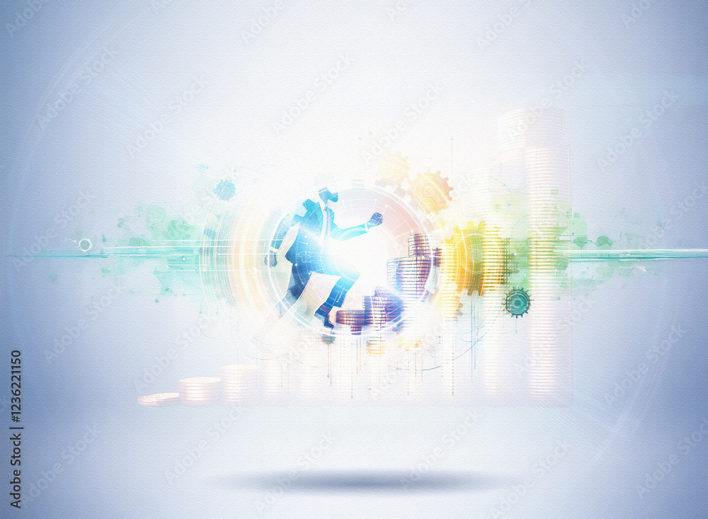 Abstract sci-fi double exposure image. A silhouetted figure leaps within a vibrant, swirling sphere of gears and data against a light background. The scene evokes a sense of futuristic progress and t Abstract sci-fi double exposure image. A silhouetted figure leaps within a vibrant, swirling sphere of gears and data against a light background. The scene evokes a sense of futuristic progress and t