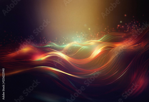 Abstract sci-fi background featuring a double exposure effect.  Waves of vibrant, glowing light and color flow across a dark backdrop, creating a mesmerizing, ethereal scene.