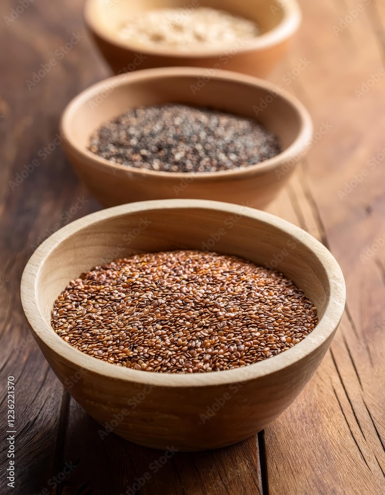 Three wooden bowls filled with various seeds, showcasing a variety of textures and colors. Three wooden bowls filled with various seeds, showcasing a variety of textures and colors.