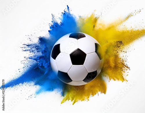 Soccer ball explodes in a vibrant blue and yellow powder cloud, a dynamic display of energy and sport.
