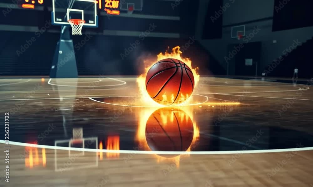 Fiery Basketball On Court At Night