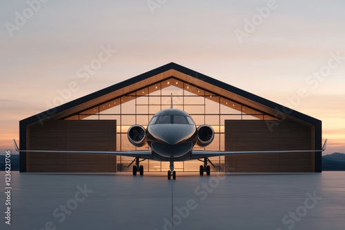 Exclusive private jet terminal with elegant and modern architecture featuring a private jet aircraft reflected in the glass walls at sunset  This high end