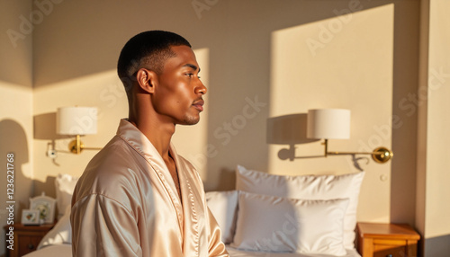Young Black man in elegant robe gazing thoughtfully in stylish bedroom, refinement
