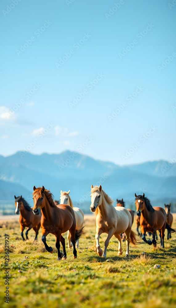 Obraz premium A herd of horses runs through the pasture against the background of mountains and blue sky. Panoramic shooting, banner for your advertising, craft clay. isolated with white shades