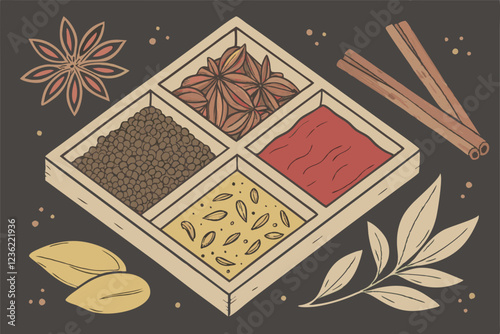 Overhead view, assorted spices and herbs, wooden square compartments, vibrant colors, cumin seeds, turmeric powder, cardamom pods, dried chili peppers, bay leaves, cinnamon sticks, paprika, sesame see