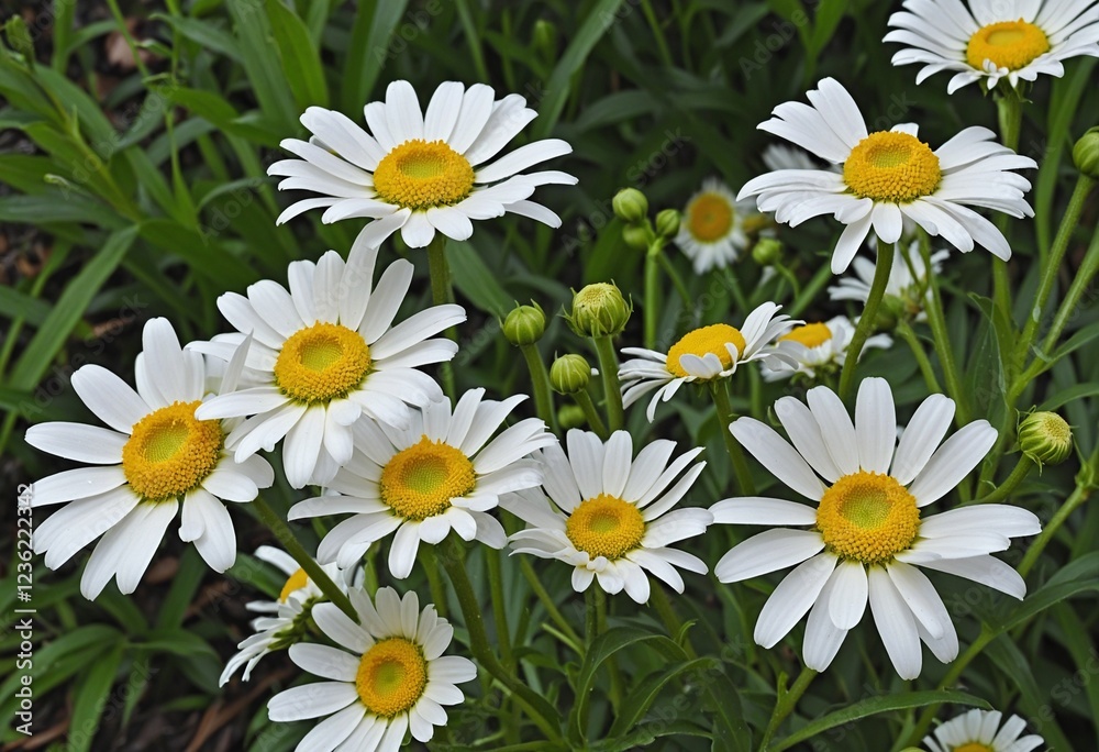 Moody Summer Meadow: Close-up of Blooming Oxeye Daisies in White and Yellow Moody Summer Meadow: Close-up of Blooming Oxeye Daisies in White and Yellow