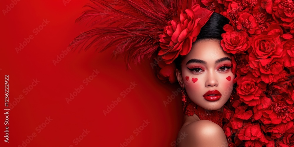 Woman in red floral headdress and makeup posed against a red background. Woman in red floral headdress and makeup posed against a red background.
