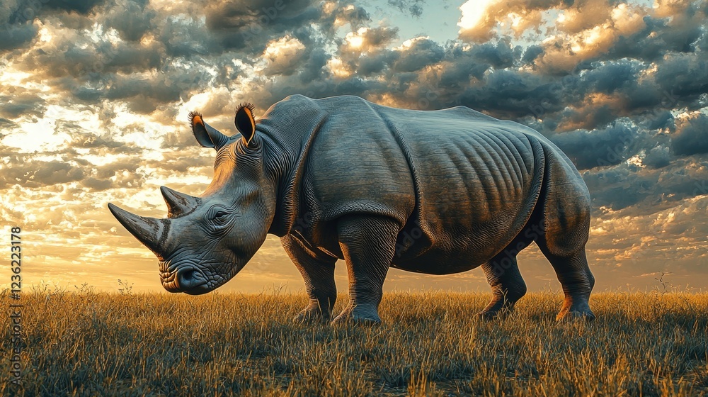 Obraz premium White Rhinoceros Grazing in Sunset Savanna