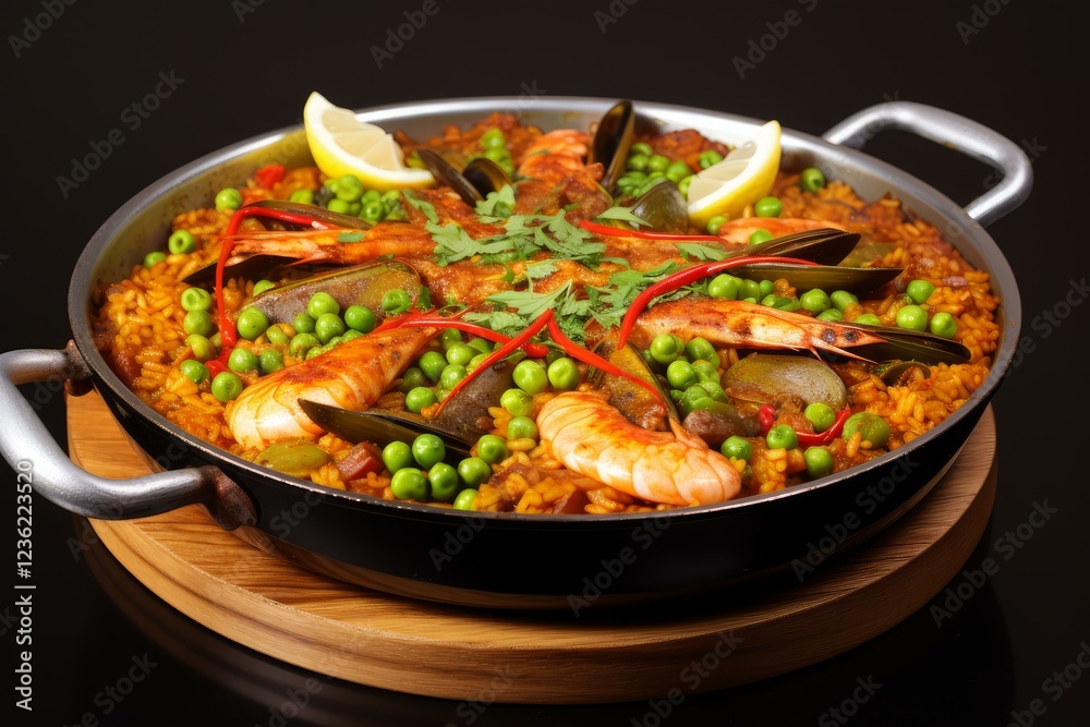 Seafood paella with prawns, mussels, green peas, lemon, and red peppers, garnished with parsley, served in a traditional pan Seafood paella with prawns, mussels, green peas, lemon, and red peppers, garnished with parsley, served in a traditional pan