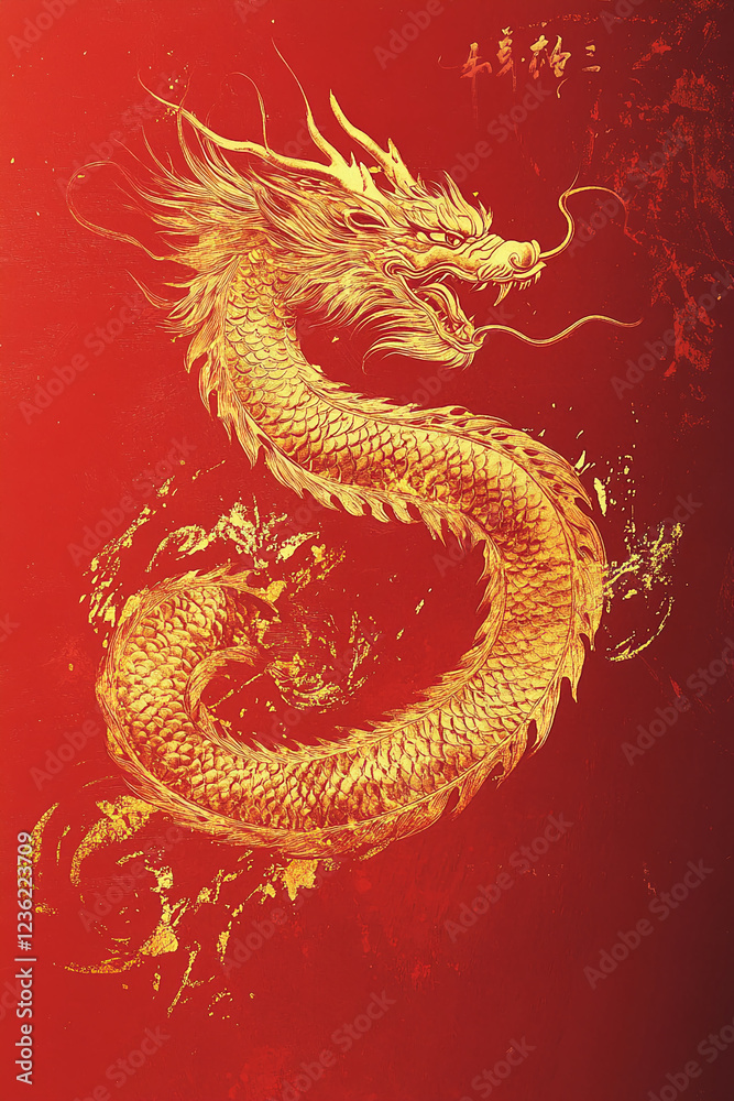 Fototapeta premium A golden dragon illustration on a red canvas with intricate details and flowing design, symbolizing power, strength, and Eastern culture.