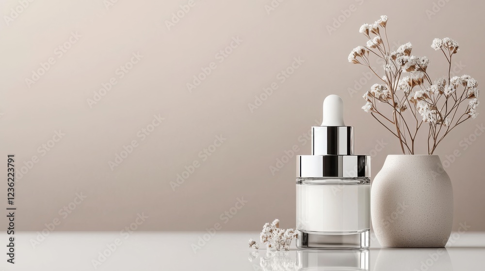 Naklejka premium Elegant and Luxurious Skincare Serum Bottle Resting on a Glass Surface Accented with Delicate Floral Sprigs for a Serene Natural Aesthetic
