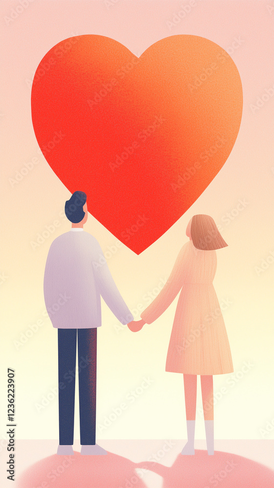 couple holding hands under large red heart, symbolizing love and connection couple holding hands under large red heart, symbolizing love and connection