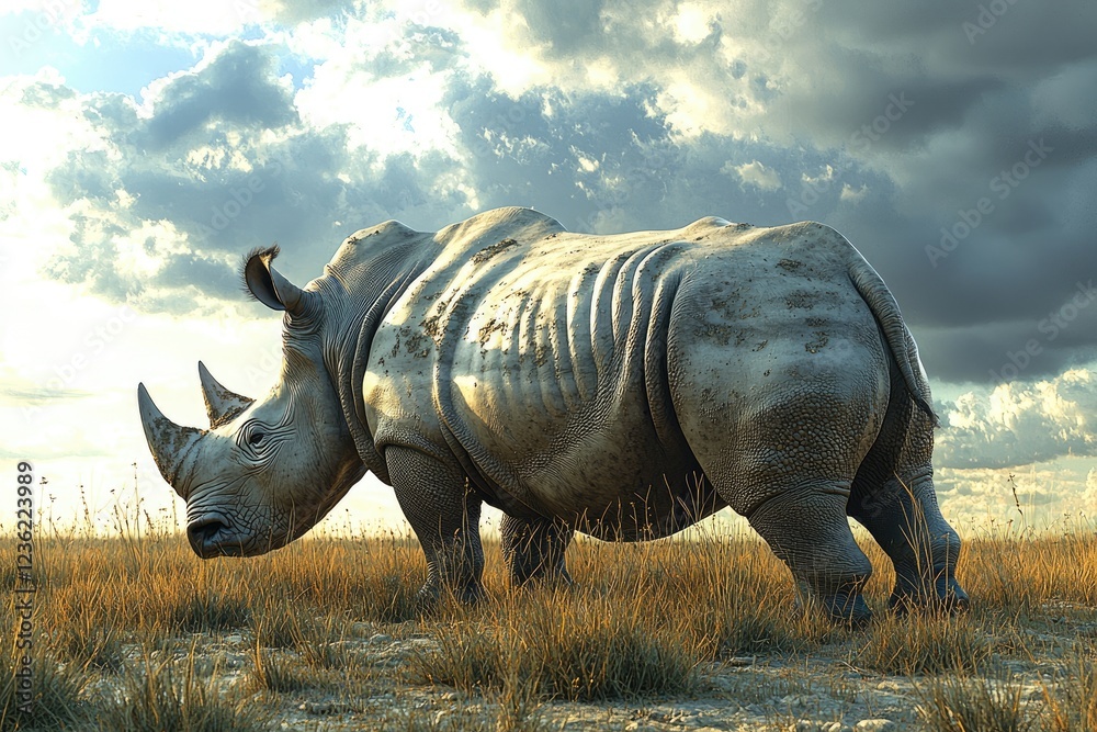 Fototapeta premium White Rhino Grazing In African Savanna Grassland