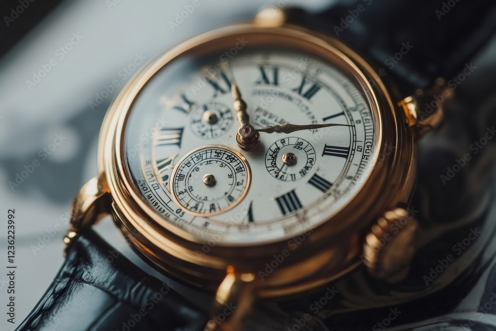 Luxury gold watch showing time and date on blurred background Luxury gold watch showing time and date on blurred background