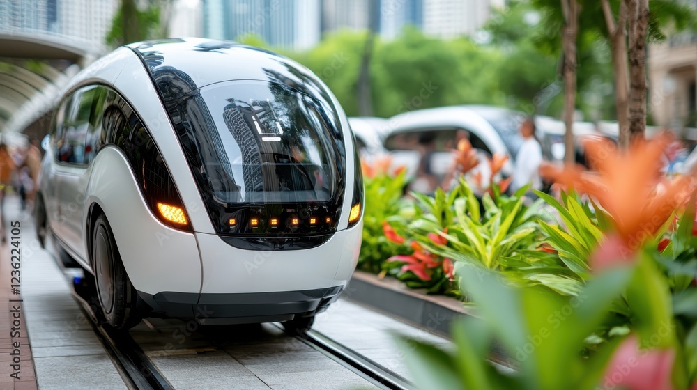 Obraz premium Eco Friendly Smart City with Shared Autonomous Electric Vehicles and Lush Greenery A Futuristic Vision of Sustainable Urban Mobility and Clean Efficient Transportation