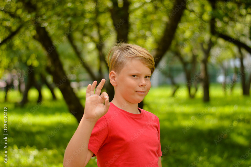 Portrait of a beautiful Caucasian boy who looks into the camera, against the background of garden. Portrait of a beautiful Caucasian boy who looks into the camera, against the background of garden.